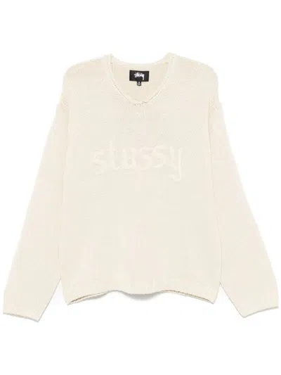 Stussy Embroidered V-neck Logo Sweater In Neutrals