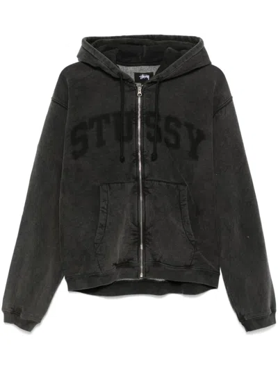 Stussy Faded-graphic Zip-up Hoodie In Black