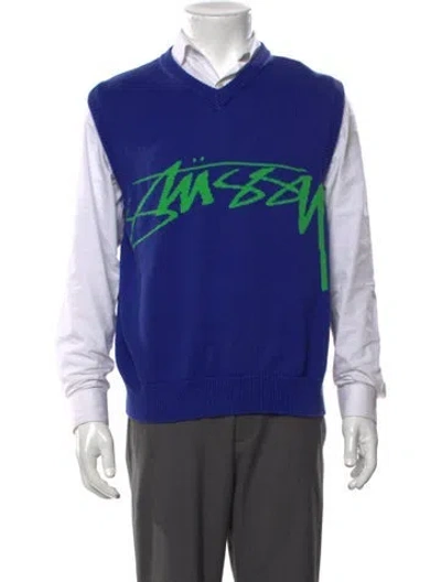 Pre-owned Stussy Graphic Print V-neck Sweater Vest In Blue