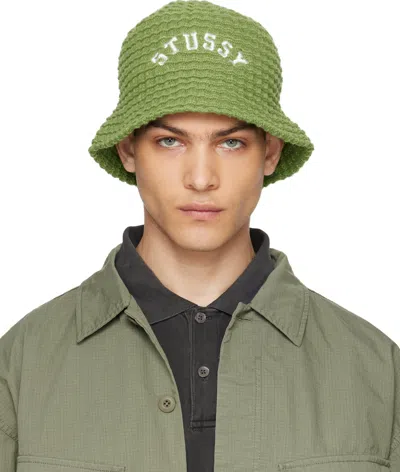 Stussy Green Waffle Knit Bucket Hat In Gren Green
