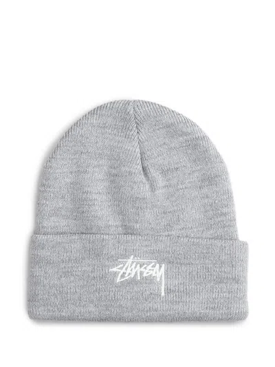 STUSSY GREY EMBROIDERED LOGO BEANIE HAT