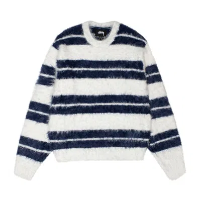 Pre-owned Stussy Hairy Stripe Crew Sweater 'ivory/navy' In White
