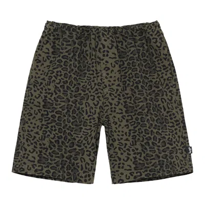 Pre-owned Stussy Leopard Beach Short 'olive' In Green