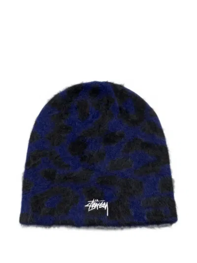 Stussy Leopard-print Cashmere Beanie Hat In Blue