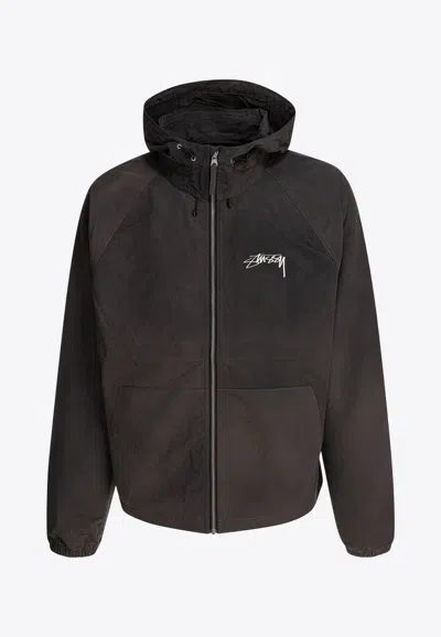 Stussy Logo Print Zip-up Jacket In Gray