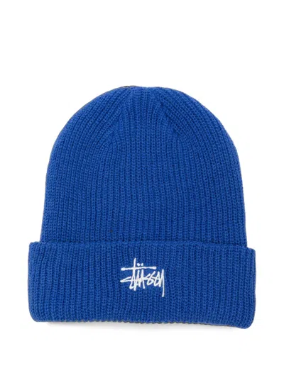 Stussy Logo-embroidered Ribbed-knit Beanie Hat In Blue