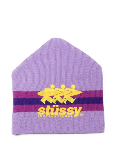 Stussy Logo-print Striped Beanie Hat In Purple
