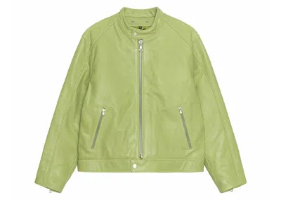 Pre-owned Stussy Men's  Cafe Racer Leather Jacket In Lime In Green