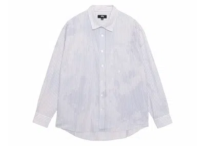 Pre-owned Stussy Men's  Classic Long Sleeve Shirt Bleached Poplin Shirt In Blue
