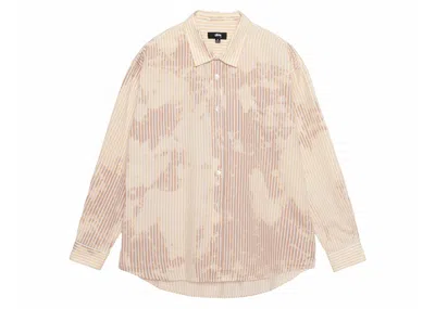 Pre-owned Stussy Men's  Classic Long Sleeve Shirt Bleached Poplin Shirt In Tan In Brown
