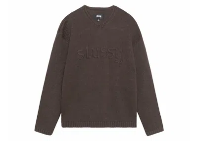 Pre-owned Stussy Men's  Embroidered Vneck Logo Sweater In Brown