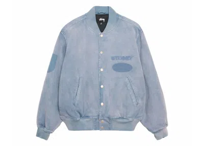 Pre-owned Stussy Men's  Ghost Logo Canvas Varsity Jacket In Blue