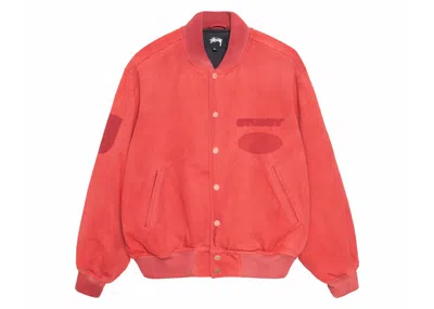 Pre-owned Stussy Men's  Ghost Logo Canvas Varsity Jacket In Red