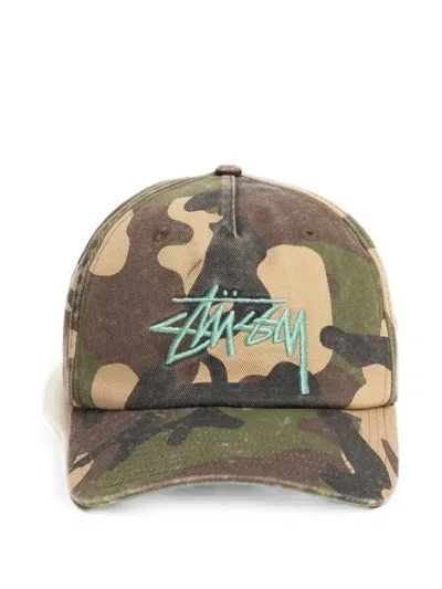 Stussy Mid-depth Big Stock Logo-embroidered Camouflage-print Cap In Green
