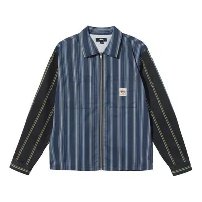 Stussy Mix Stripe Zip Up Work Jacket 'blue Black' In Multi