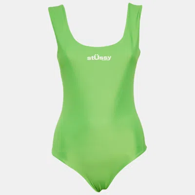 Pre-owned Stussy Neon Green Logo Print Nylon Jersey Swimsuit S