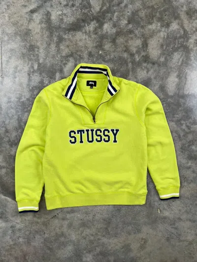 Pre-owned Stussy Neon Green Quarter Zip Logo Pullover Large Roots