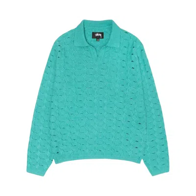 Pre-owned Stussy Open Knit Collared Sweater 'teal' | Blue | Men's Size Xxl