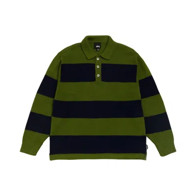 Pre-owned Stussy Pique Knit Stripe Rugby 'olive' | Green | Men's Size M