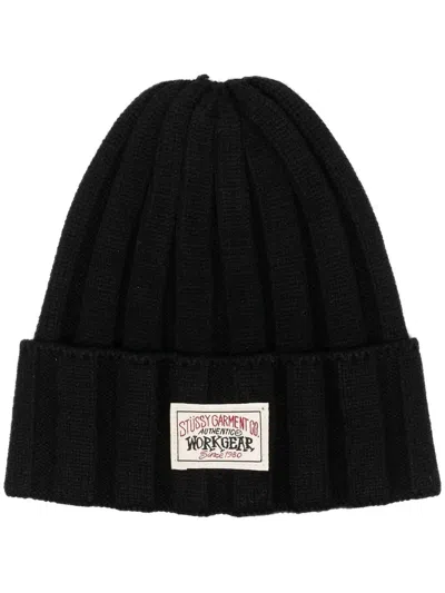 Stussy Ribbed-knit Logo-patch Beanie In Black
