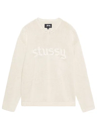 Stussy Roll V-neck Logo Sweater In Neutral