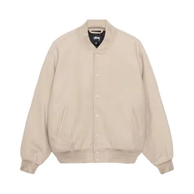 Pre-owned Stussy Sport Melton Varsity Jacket 'oatmeal' In Cream