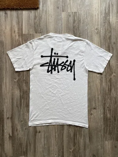 Pre-owned Stussy Stock Script Logo Essential Graphic Tshirt In White