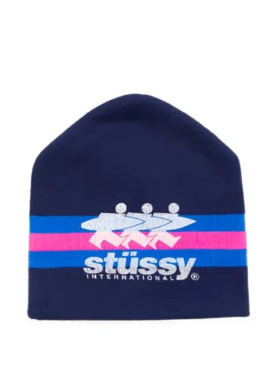 Stussy Stripe Logo-print Beanie Hat In Blue