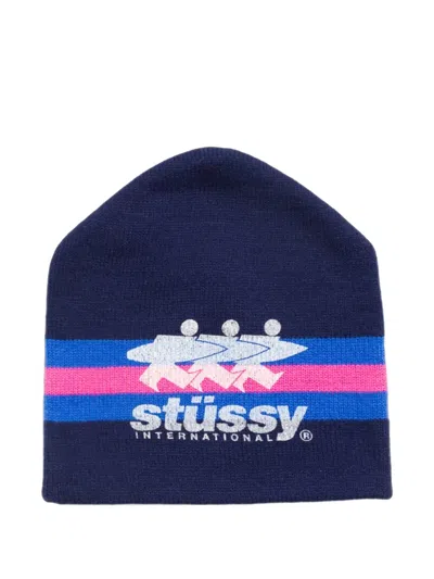 Stussy Striped Logo-print Beanie Hat In Blue