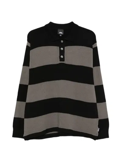 Stussy Striped Polo Shirt In Black