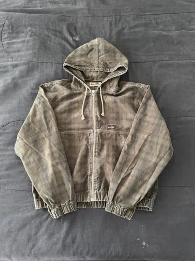 Pre-owned Stussy Unlined Plaid Zip Work Hoodie Olive In Brown