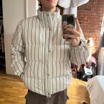 Pre-owned Stussy White Navy Black  Striped Down Puffer Jacket In Multi