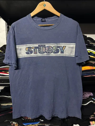 Pre-owned Stussy X Vintage 90's Stussy Box Logo Distressed Usa Tee In Blue