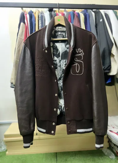 Pre-owned Stussy X Vintage Stussy Leather Varsity Jacket Special Edition In Brown