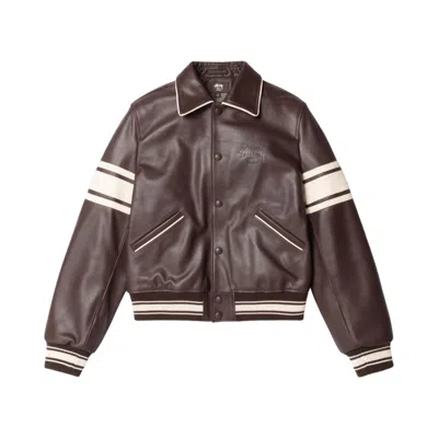 Pre-owned Stussy X Wales Bonner Leather Varsity 'brown' | Men's Size Xl
