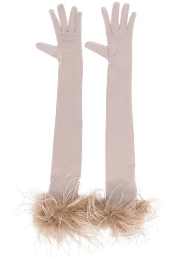 Styland Feather-trim Opera Gloves In 中性色