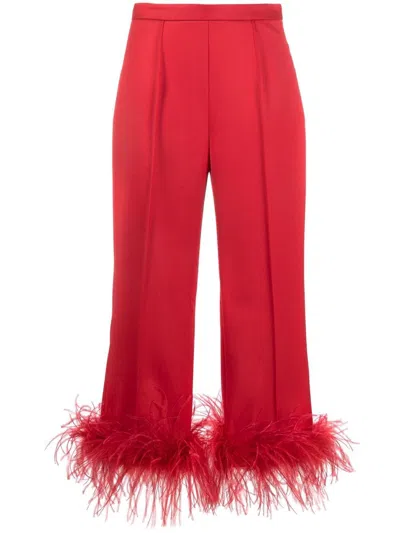 Styland Feather-trimmed High-waisted Trousers In Red