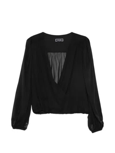 Styland Silk Wrap-style Blouse In Black