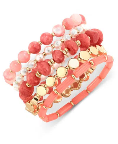 Style & Co Gold-tone 5-pc. Set Beaded Stretch Bracelet, Created For Macy's In Coral