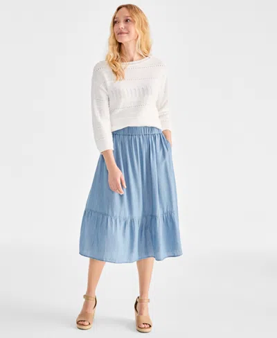 Style & Co Women's Chambray Tiered Pull-on Skirt, Created For Macy's In Anna Wash