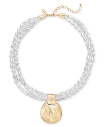Style & Co Gold-tone Disc Pendant Beaded Imitation Pearl Multi-row Necklace, 18" + 3" Extender, Exclusively At  In White