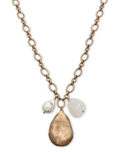 Style & Co Hammered Teardrop & Freshwater Pearl Pendant Necklace, 38" + 3" Extender, Created For Macy's In Gold