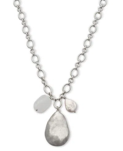 Style & Co Hammered Teardrop & Freshwater Pearl Pendant Necklace, 38" + 3" Extender, Created For Macy's In Silver