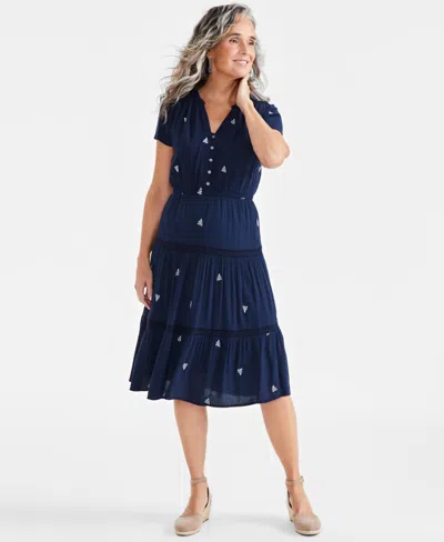 Style & Co Lace-trim Textured Embroidered Dress, Created For Macy's In Navy
