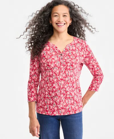 Style & Co Petite 3/4-sleeve Floral-print Henley T-shirt, Macy's Exclusive In Red