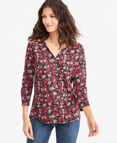 Style & Co Petite 3/4-sleeve Floral-print Henley T-shirt, Macy's Exclusive In Red