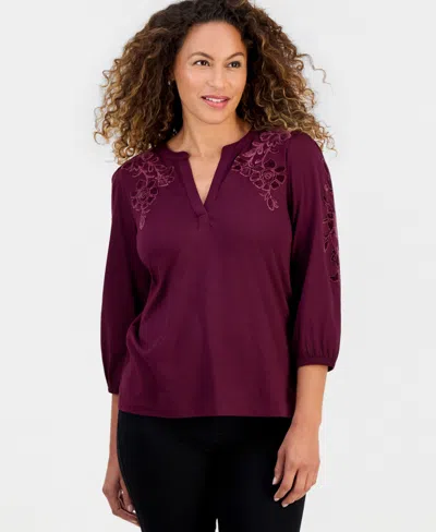 Style & Co Petite 3/4-sleeve Floral-velvet-applique Split Neck Blouse, Macy's Exclusive In Multi