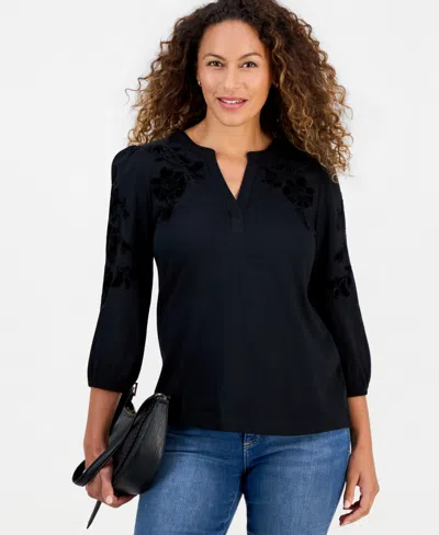 Style & Co Petite 3/4-sleeve Floral-velvet-applique Split Neck Blouse, Macy's Exclusive In Multi