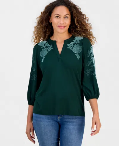 Style & Co Petite 3/4-sleeve Floral-velvet-applique Split Neck Blouse, Macy's Exclusive In Multi