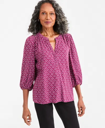 Style & Co Petite 3/4-sleeve Geometric-print V-neck Blouse, Macy's Exclusive In Diamond Brickberry